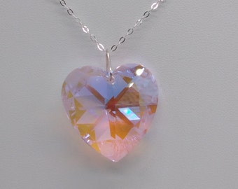 Sterling Silver Swarovski Crystal Rosaline Blue AB 28mm Heart Pendant Chain Necklace; Retired Rare; 16&quot;, 18&quot;, 20&quot; 24&quot; Chain; Light Pink
