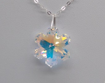 Sterling Silver Swarovski Crystal Clear AB 20mm Snowflake Pendant Necklace; Aurora Borealis; Wedding Bride; Present Gift; Holiday WInter