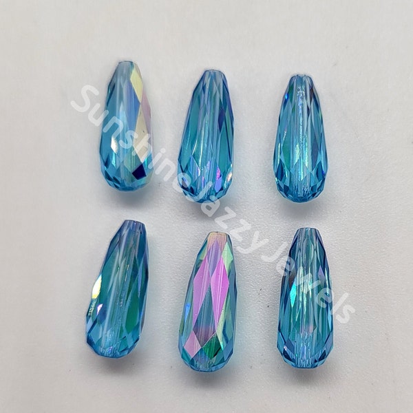 6pc Swarovski Crystal Aquamarine AB 15mm Thin Teardrop 5505 Beads; Center Drilled; Rare! Vintage!