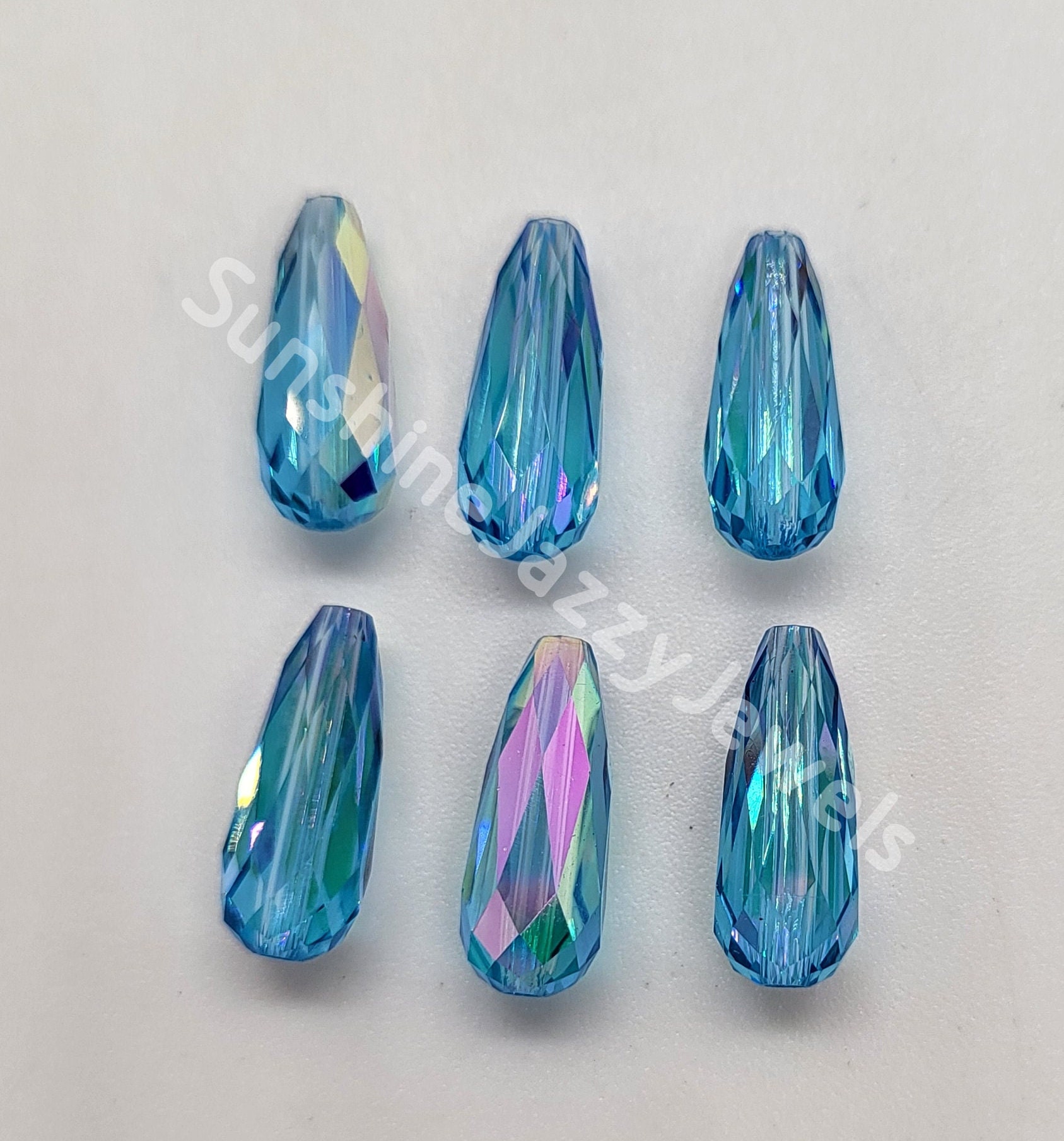 Ten large Czech glass teardrop beads - 9 x 18mm transparent aqua blue  pressed glass side drilled faceted drops six sides C0023