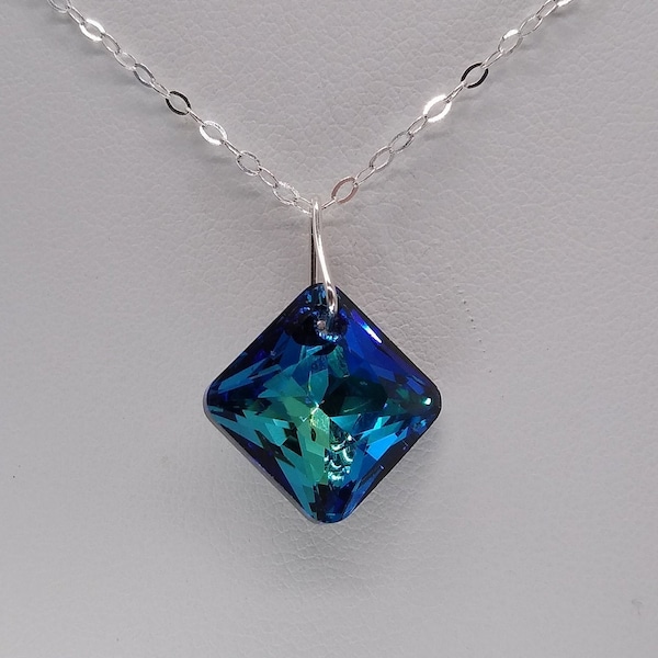 Sterling Silver Swarovski Crystal Bermuda Blue Princess Cut Pendant Chain Necklace; Faceted Diamond Shape: 16", 18", 20", 24" Cable Chain