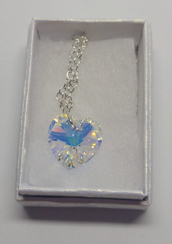 Sterling Silver Swarovski Crystal Clear Aurora Borealis AB Heart