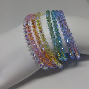 Swarovski Crystal Pastel Rainbow Aurora Borealis AB2X Bicone Beaded Bracelets; Stacking/ Layers; Clear, Rose, Sunflower, Peridot, Violet