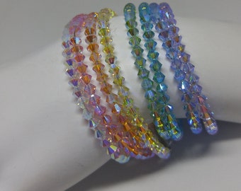 Swarovski Crystal Pastel Rainbow Aurora Borealis AB2X Bicone Beaded Bracelets; Stacking/ Layers; Clear, Rose, Sunflower, Peridot, Violet