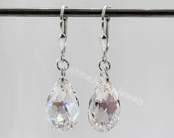 Sterling Silver Swarovski Crystal Clear Shimmer Pear/ Teardrop Earrings; Choose Earwires or Leverback Closure
