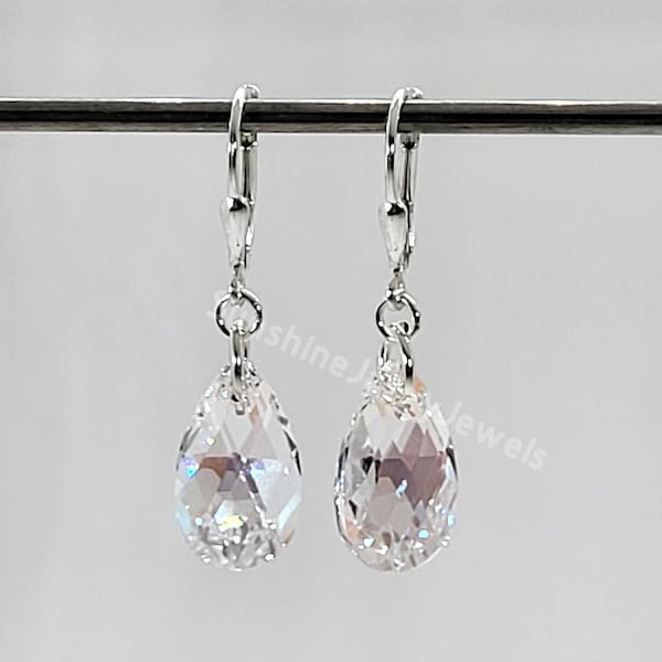 Sterling Silver Swarovski Crystal Clear Shimmer Pear/ Teardrop Earrings; Choose Earwires or Leverback Closure