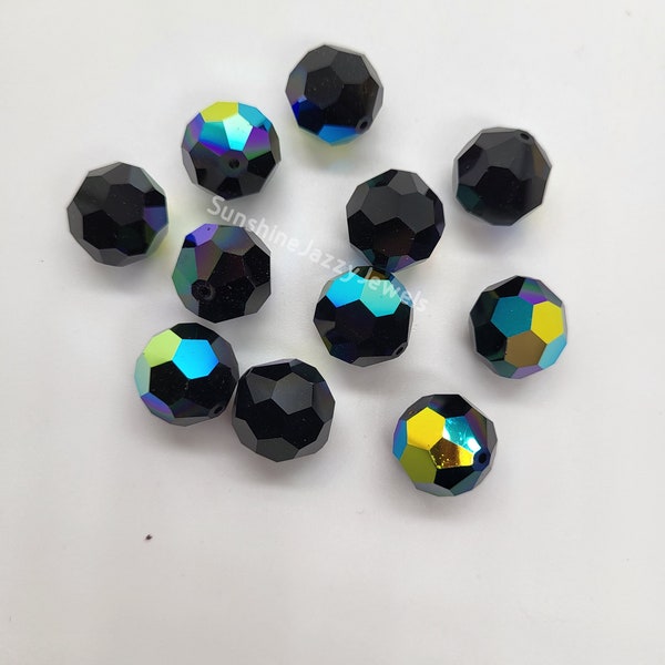 Swarovski Crystal Jet Black AB Faceted Round 5000 Beads; 10mm (6pc), 12mm (4pc), or 14mm (4pc)