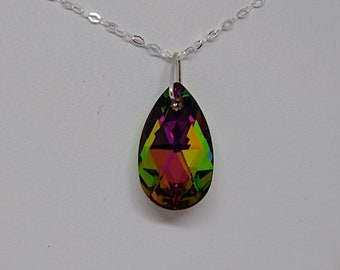 Sterling Silver Swarovski Crystal Vitrail Medium 22mm Pear Pendant Necklace; Choose Chain Length; Green, Red, Yellow Mix