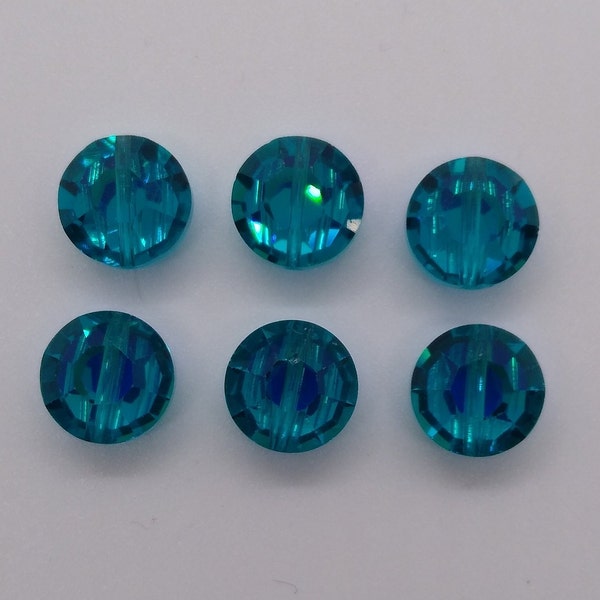 6pc Swarovski Crystal Blue Zircon AB 10mm Lentil 5100 Beads; Vintage, Rare! Aka Tablet or Aspirin Beads; Teal