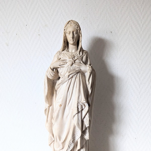 statue/ vierge MARIE / plâtre/blanc/  ancienne /religion /décoration/église/catholique/français vintage
