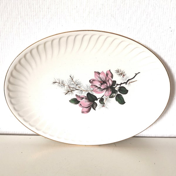 Plat de service /ravier/ beurrier/ Gien  / motif de fleur /décor Chenonceaux/blanc et rose  /français vintage