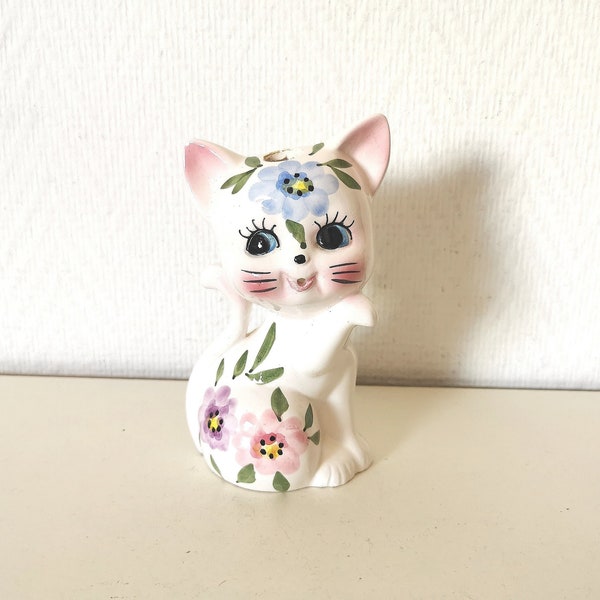 Figurine en porcelaine/chat/ dévidoir à ficelle / blanc et fleurs multicolores