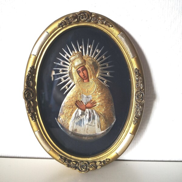 Icone religieuse /orthodoxe/ relief métal repoussé / vierge Marie / dorure /pologne antique