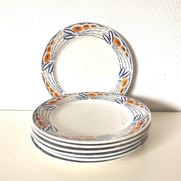 assiettes plates / blanc avec fleurs jaunes et bleus/céramique anciennes/ sarreguemines / modèle Pepita/français vintage