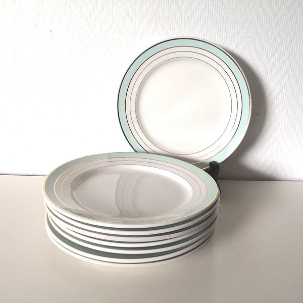 ensemble de 8 assiettes à/salade /fromage / cercle vert pâle et doré / Lunéville /modèle régence / français vintage