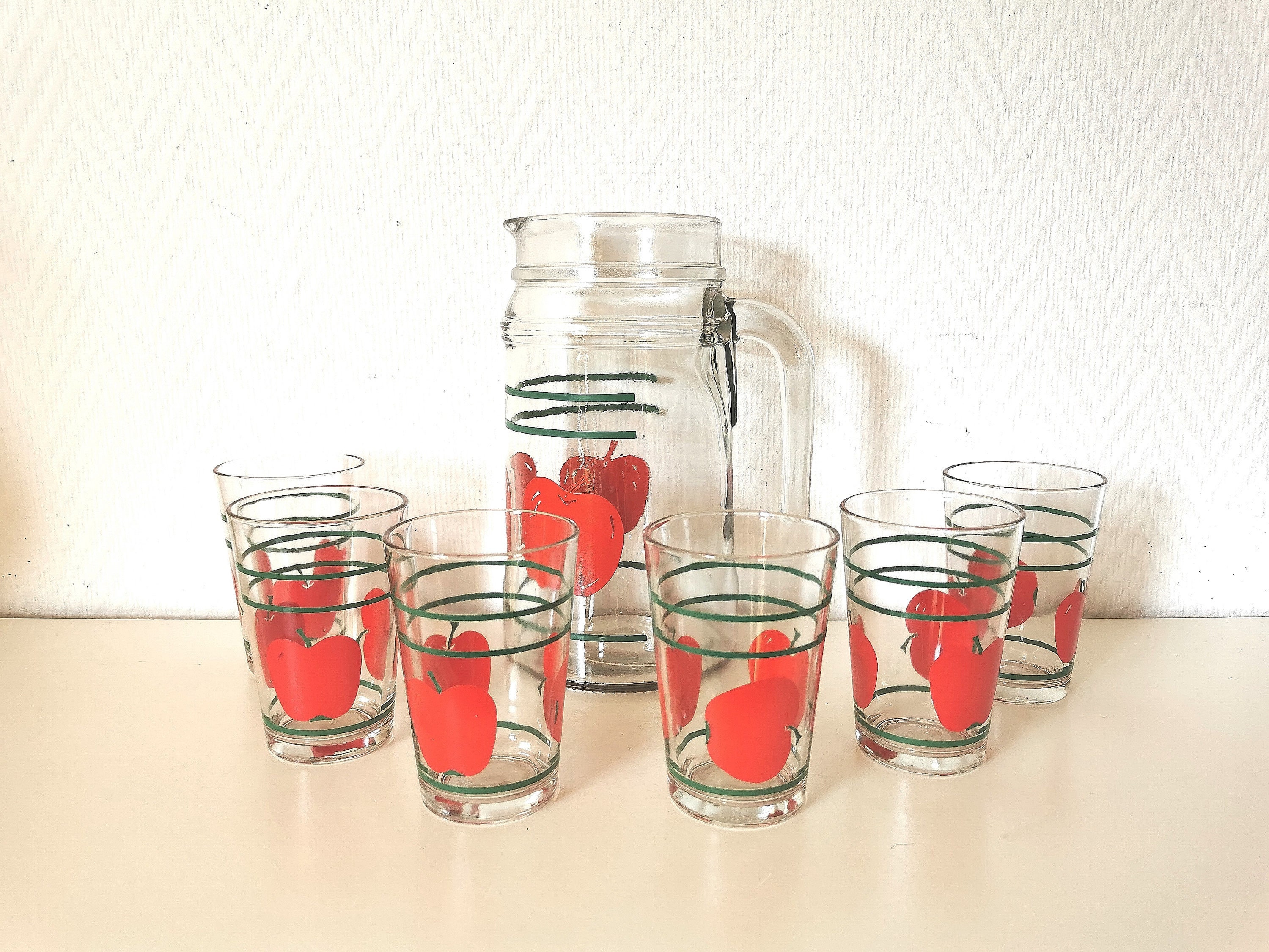 fruit patterns lemonade vintage French punch 80s service of 6 glasses and pitcher orangeade