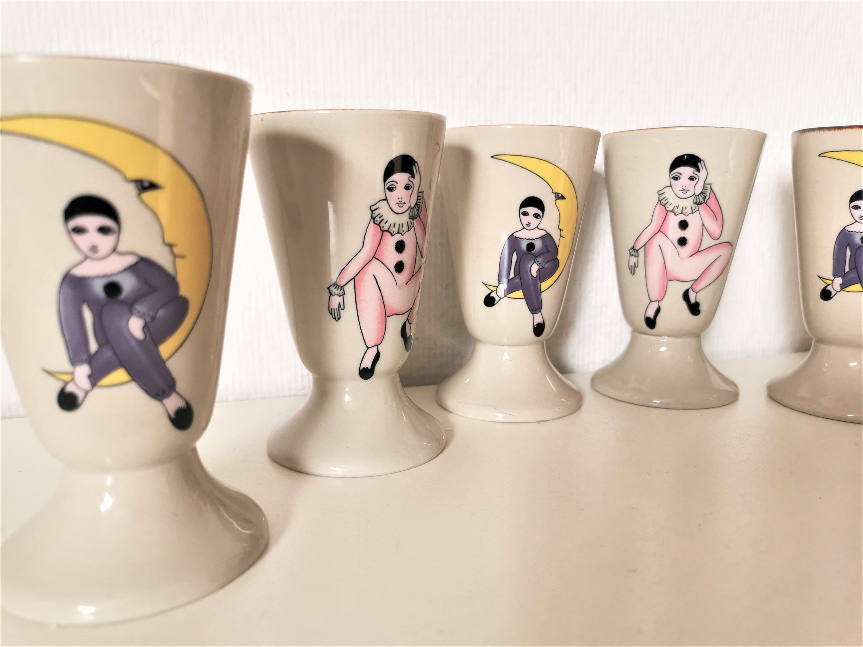 Ensemble Mazagrans/Tasses à Café/ Thé /Pierrot et Colombine Céramique/Grès/Années 80/ Français Vinta