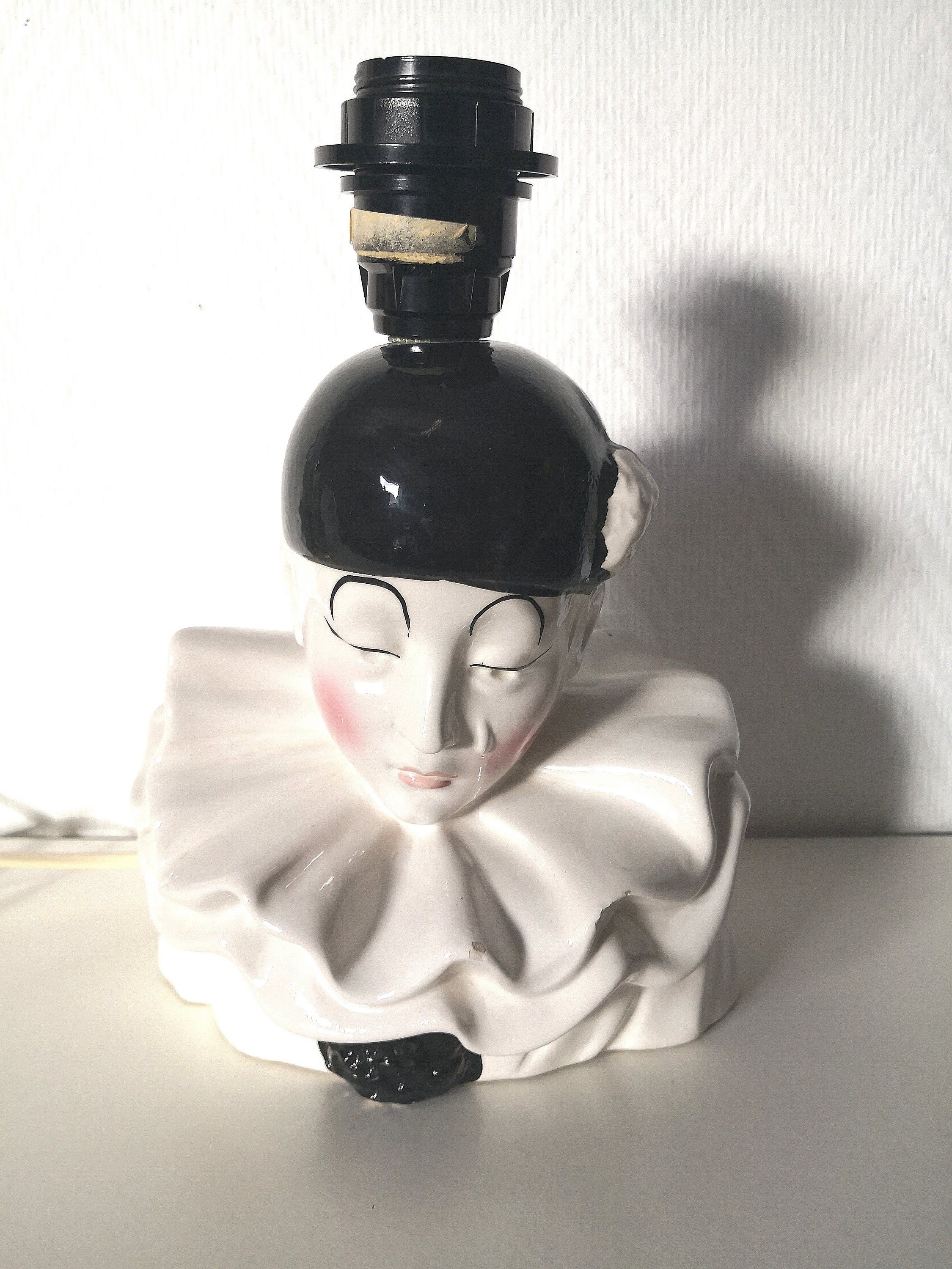 Lampe Pierrot/Céramique Blanc et Noir Français Vintage/ Années 70