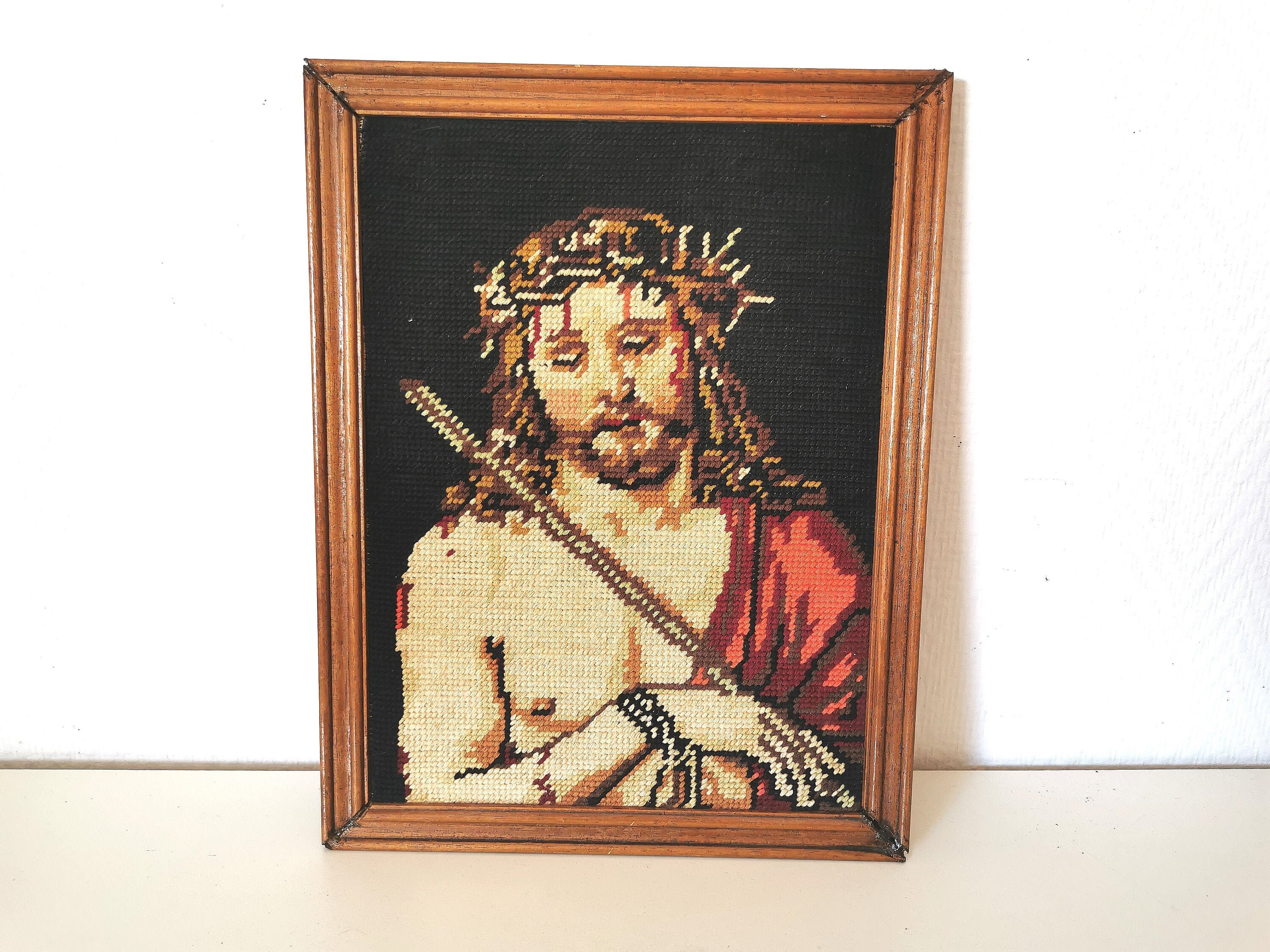 Tapisserie/ Canevas/Jesus Christ/ Art Sacré/ Église Catholique/ Artisanat/Prière/ Français Vintage