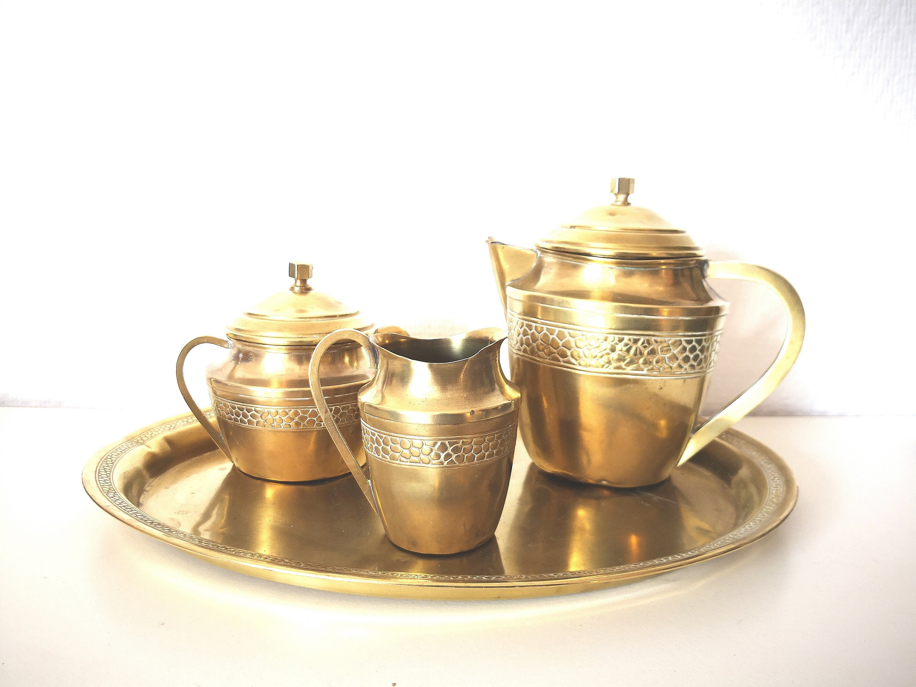 Ensemble Service à Café/Cafetière , Crémier Sucrier en Cuivre Gravé /style Art Déco France Vintage