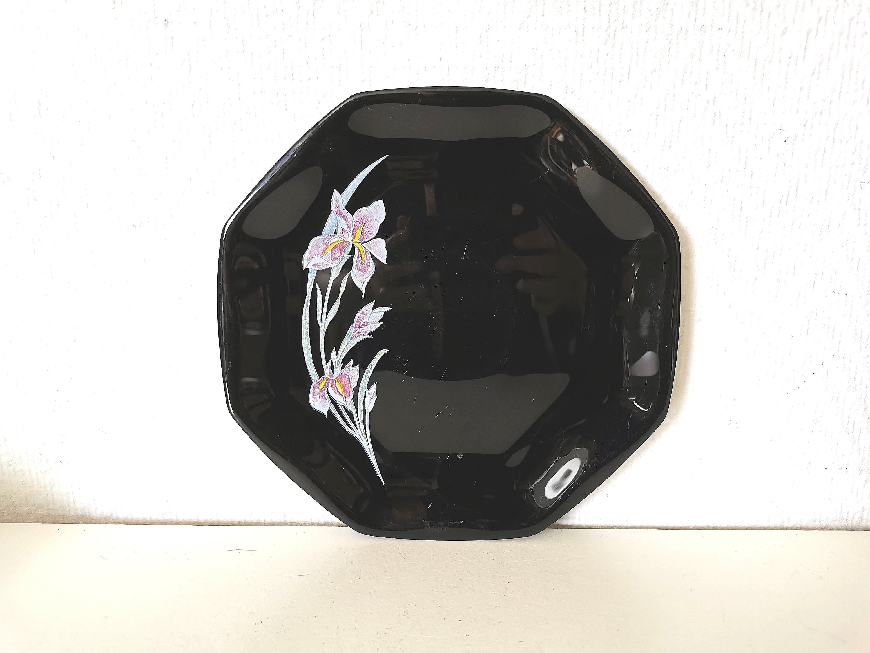 Arcopal Octime/Opaline Noir Motif Fleur/ Dessert /Salade /Fromage France Vintage