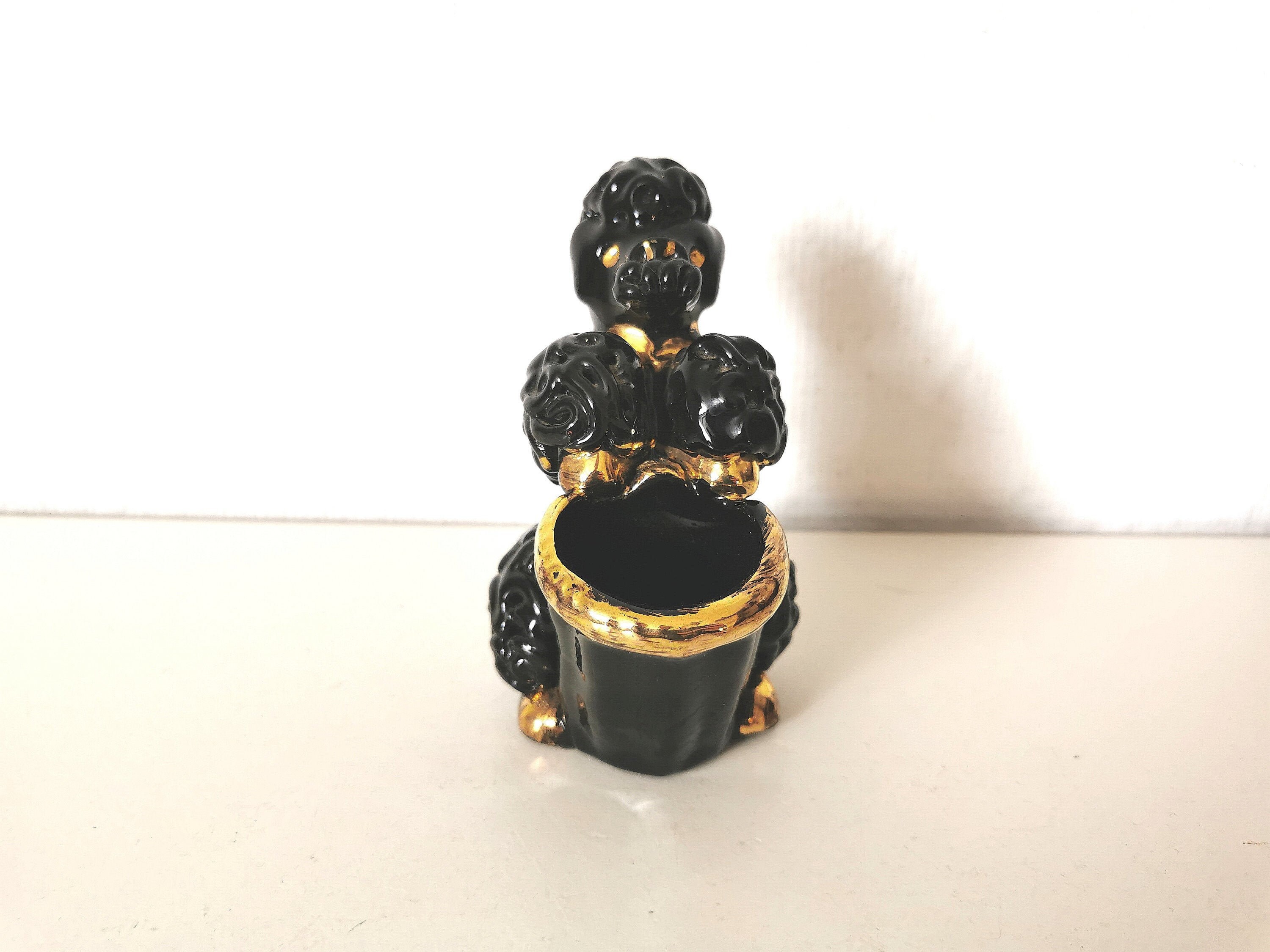 Caniche/Barbotine/Céramique/Porte Cure Dents /Pique Apéritif/Noir et Doré/Art Déco/Français Vintage