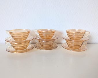 Gondolo pink glass tea cups and saucers set of 6, vintage Art Deco ribbed glass coffee set, depression glass France