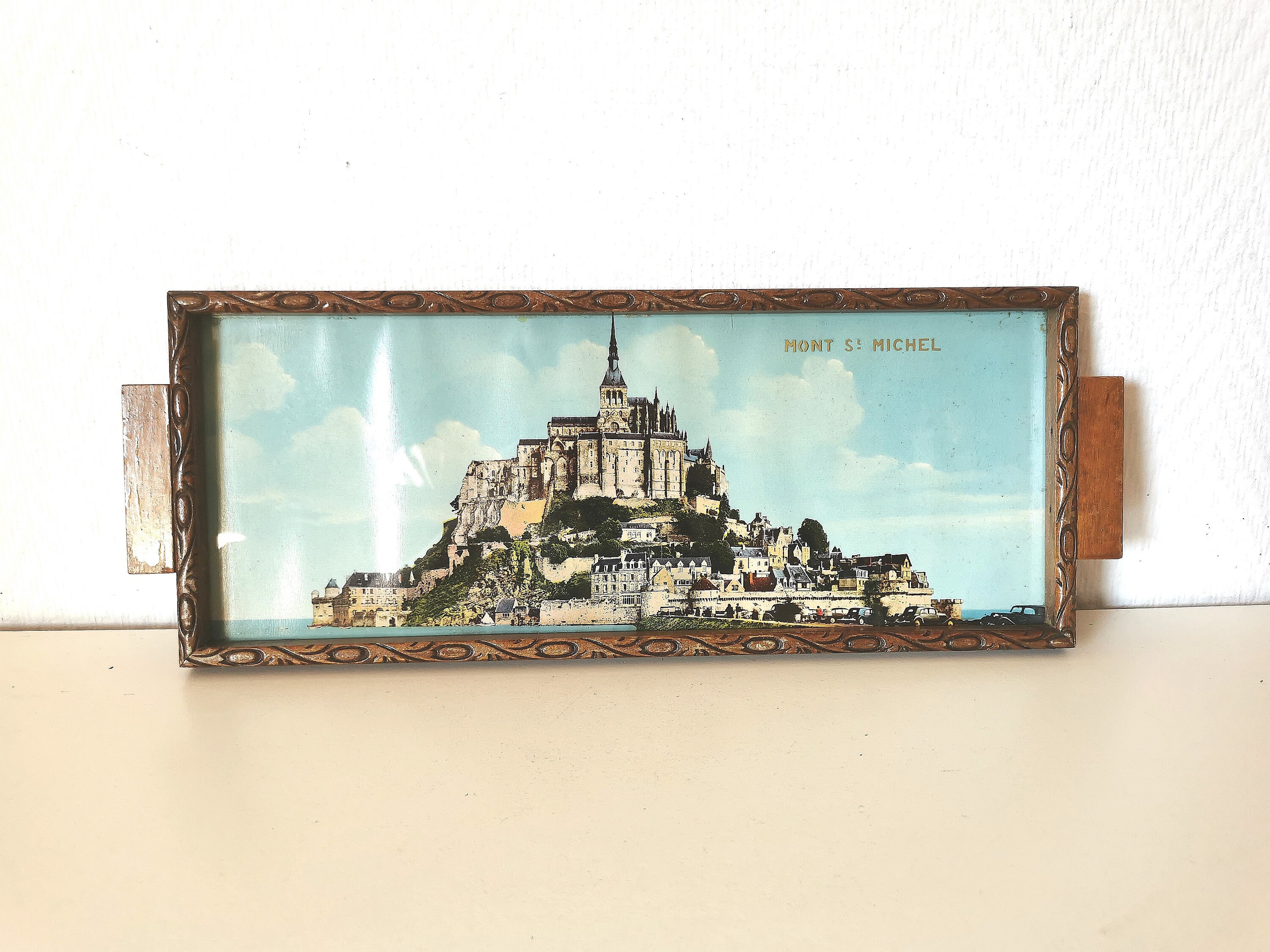 Plateau /Verre et Bois /Rectangulaire /Art Déco /Tour Poignées en /Chromolithographie/Mont Saint Mic