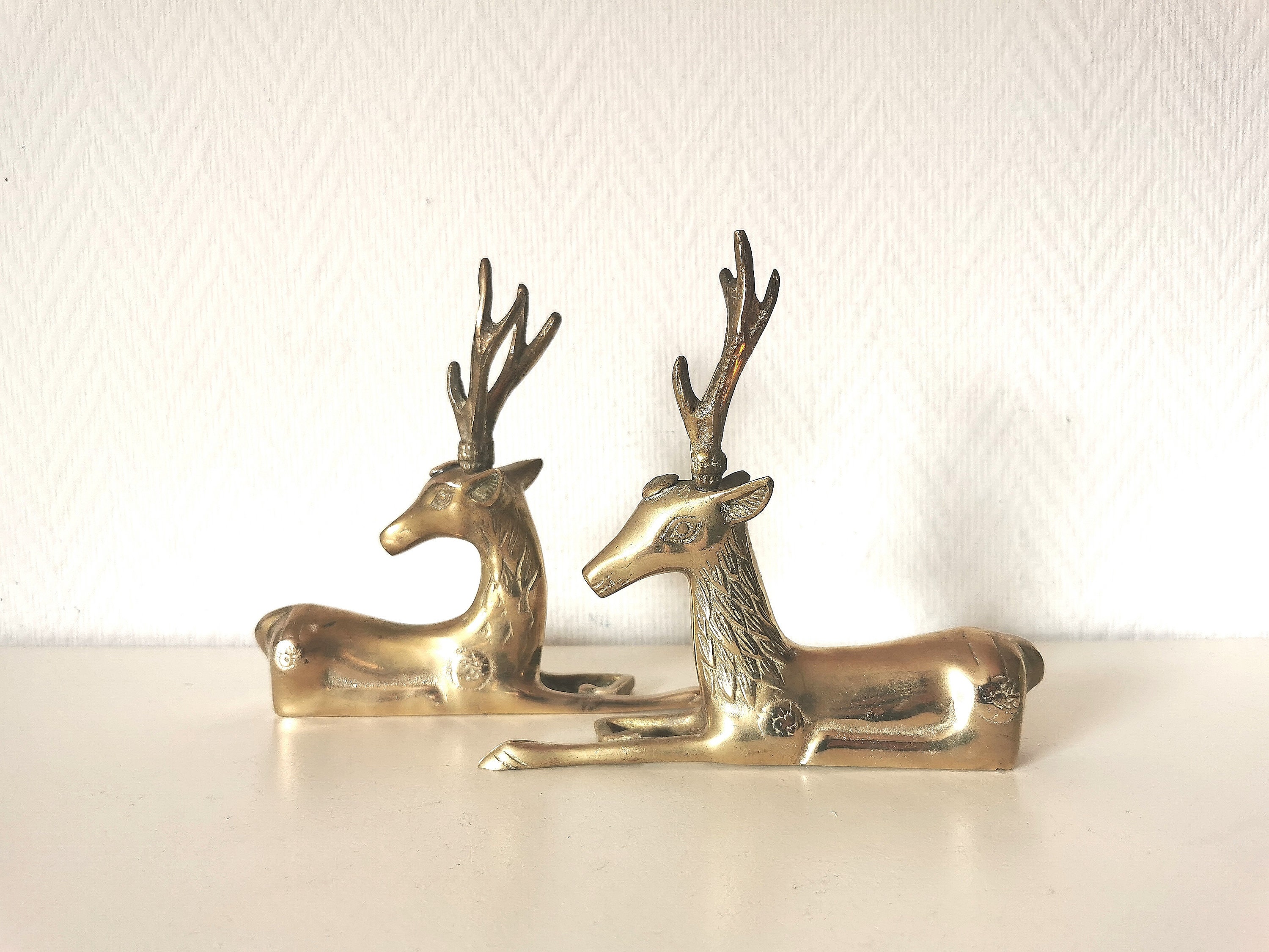 Paire de Cerfs/Biches/Animal/Laiton/Figurine/statuette/Sculpture/Métal Doré/Scandinave/Français Vint