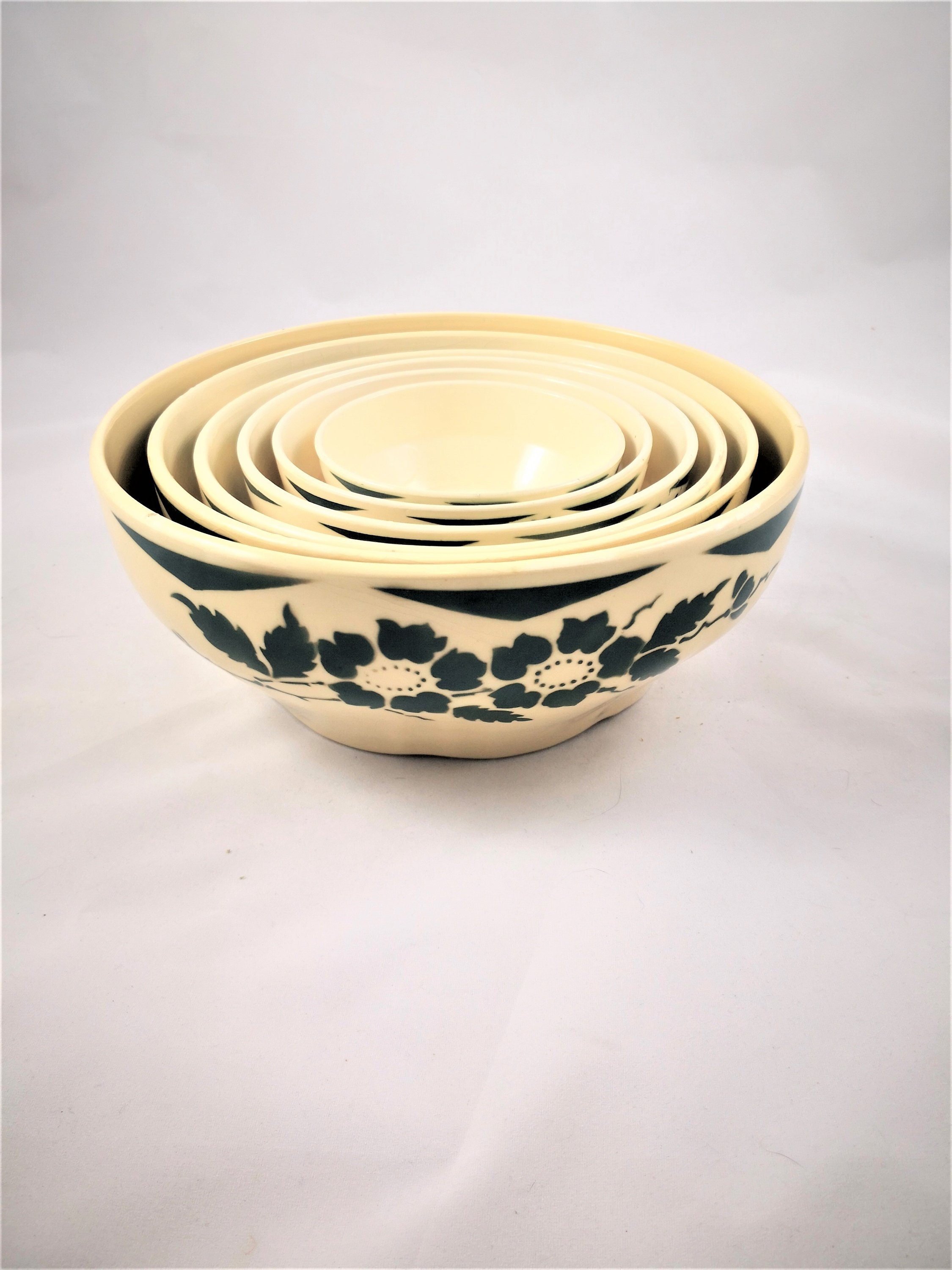 Rare /Lot de 6 Saladiers/ Gigogne/Bol Rond en Céramique Moulin Des Loups Années 50 Motif Fleurs Vert