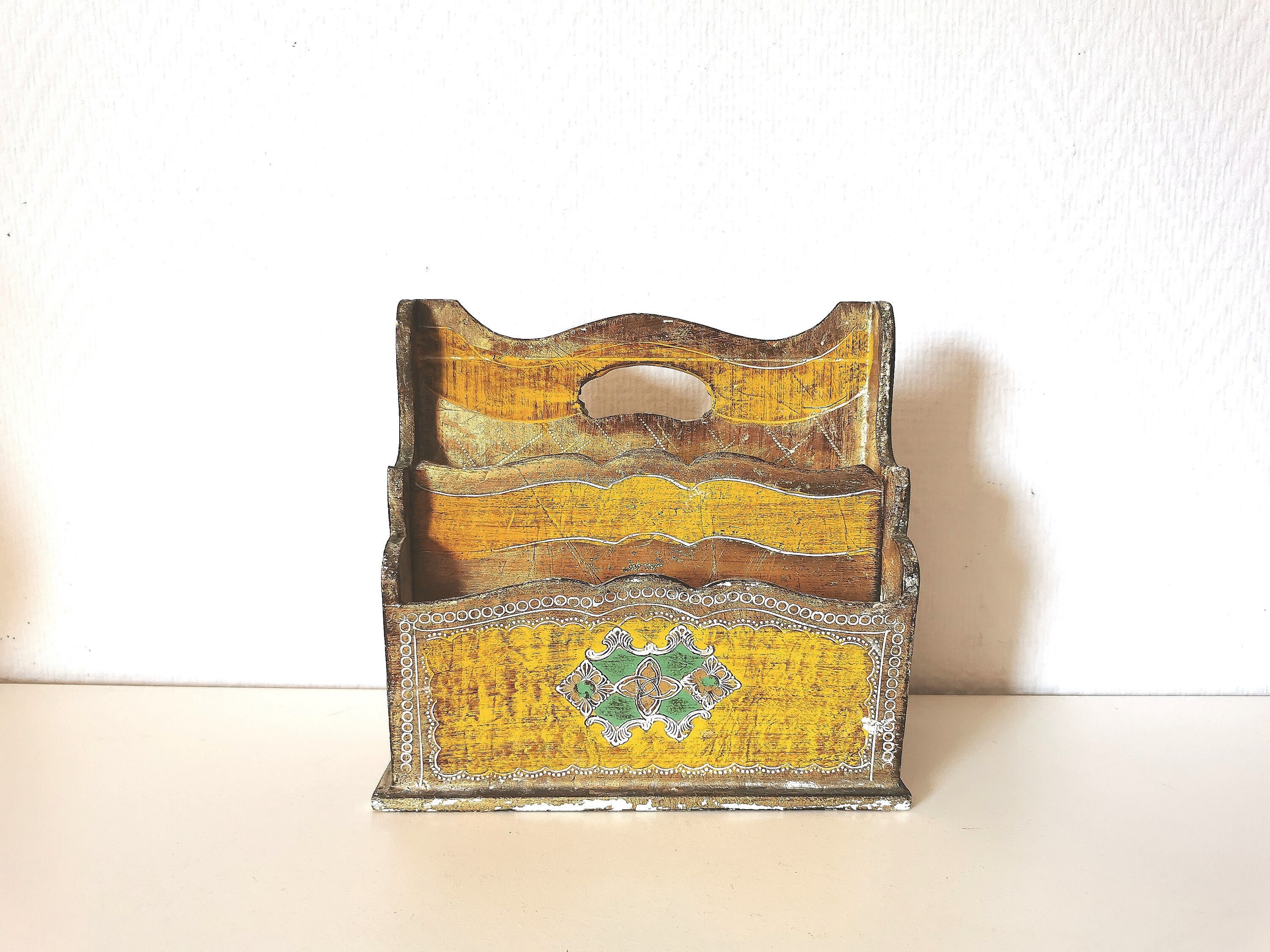 Porte Courrier/Boite/Bois/Jaune/Doré/Florentin/Ancien/Italien/Vintage