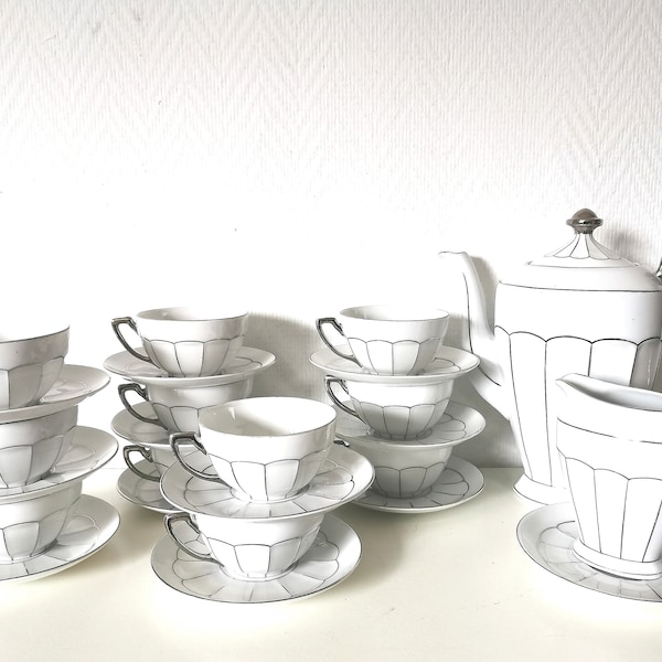 coffee/tea/ceramic/porcelain/art deco/white/grey/Victoria China /Czechoslovakia/50s/vintage service