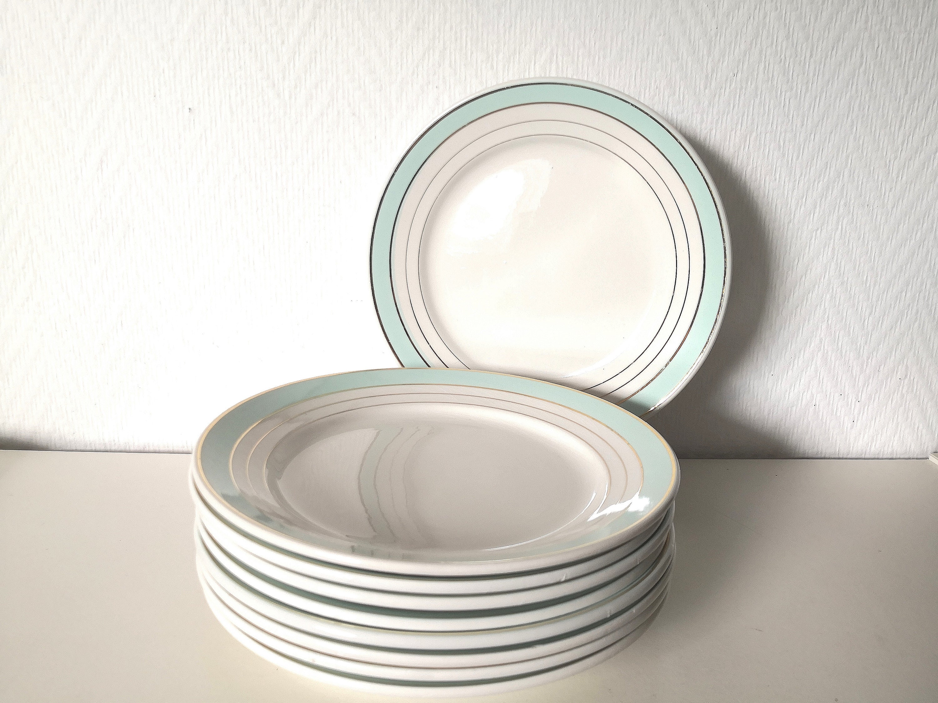 Ensemble de 9 Assiettes à Dessert /Salade /Fromage/Cercle Vert Pâle et Doré Lunéville /Modèle Régenc