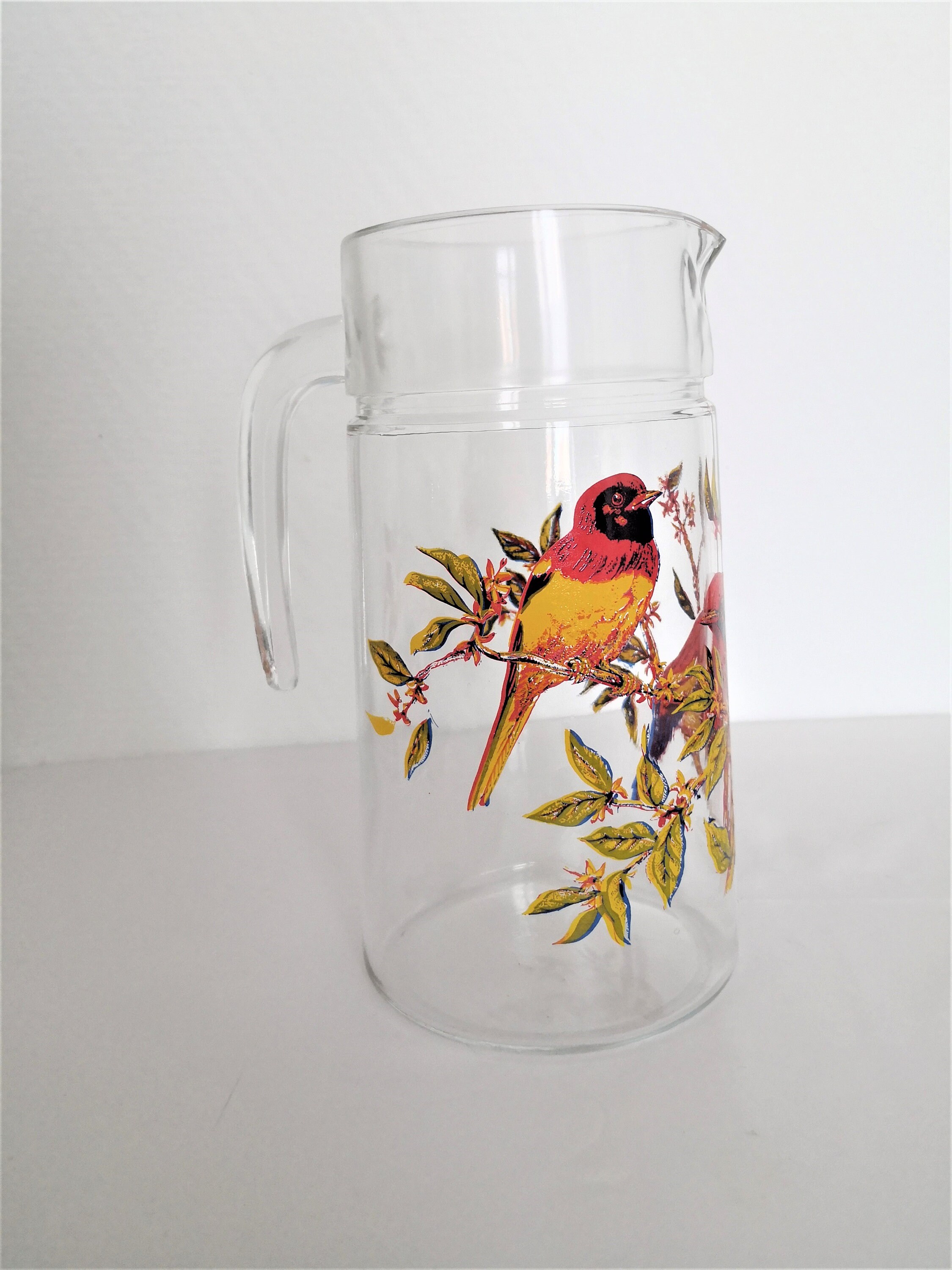 Français Pichet Vintage Verre Des Années 70 Motif Oiseaux Multicolores