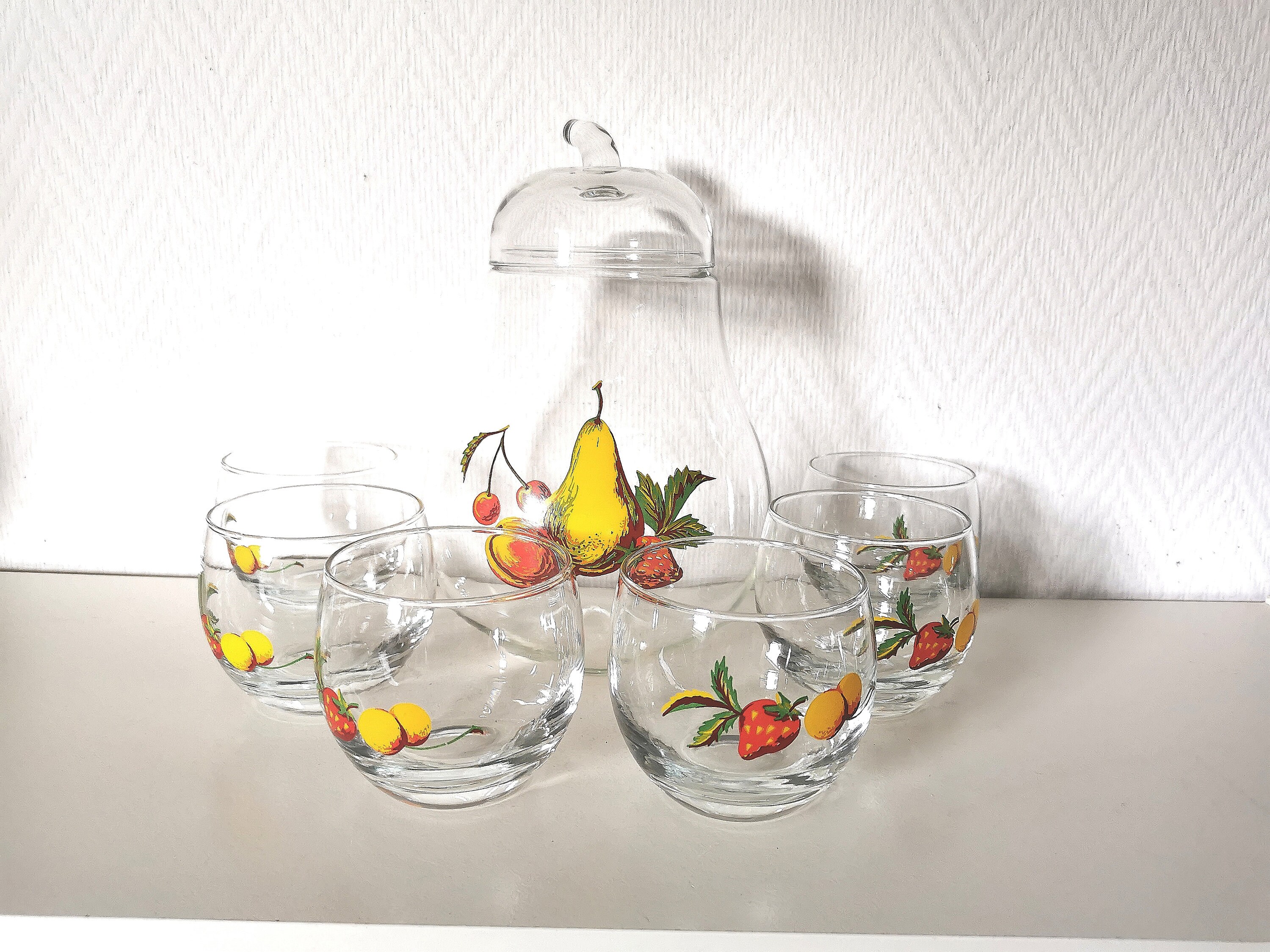 Service de 6 Verres et Pichet/ à Punch/À Limonade /Orangeade/Motifs Fruit/Français Vintage/ Années 8