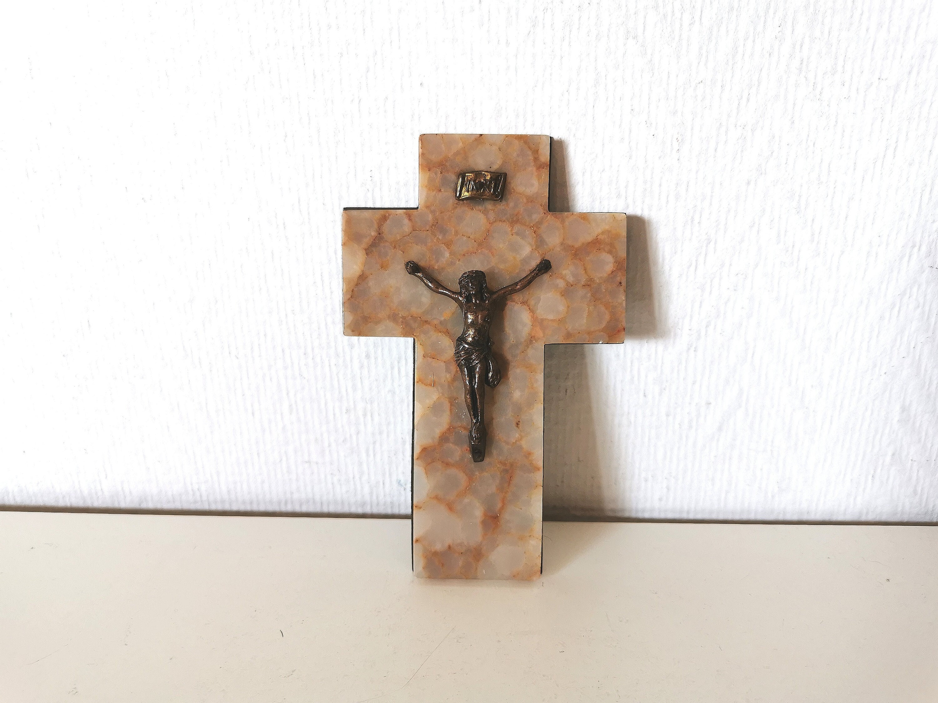 Ancien /Crucifix/Croix/Marbre/Jésus Métal/Église Catholique/Français Vintage