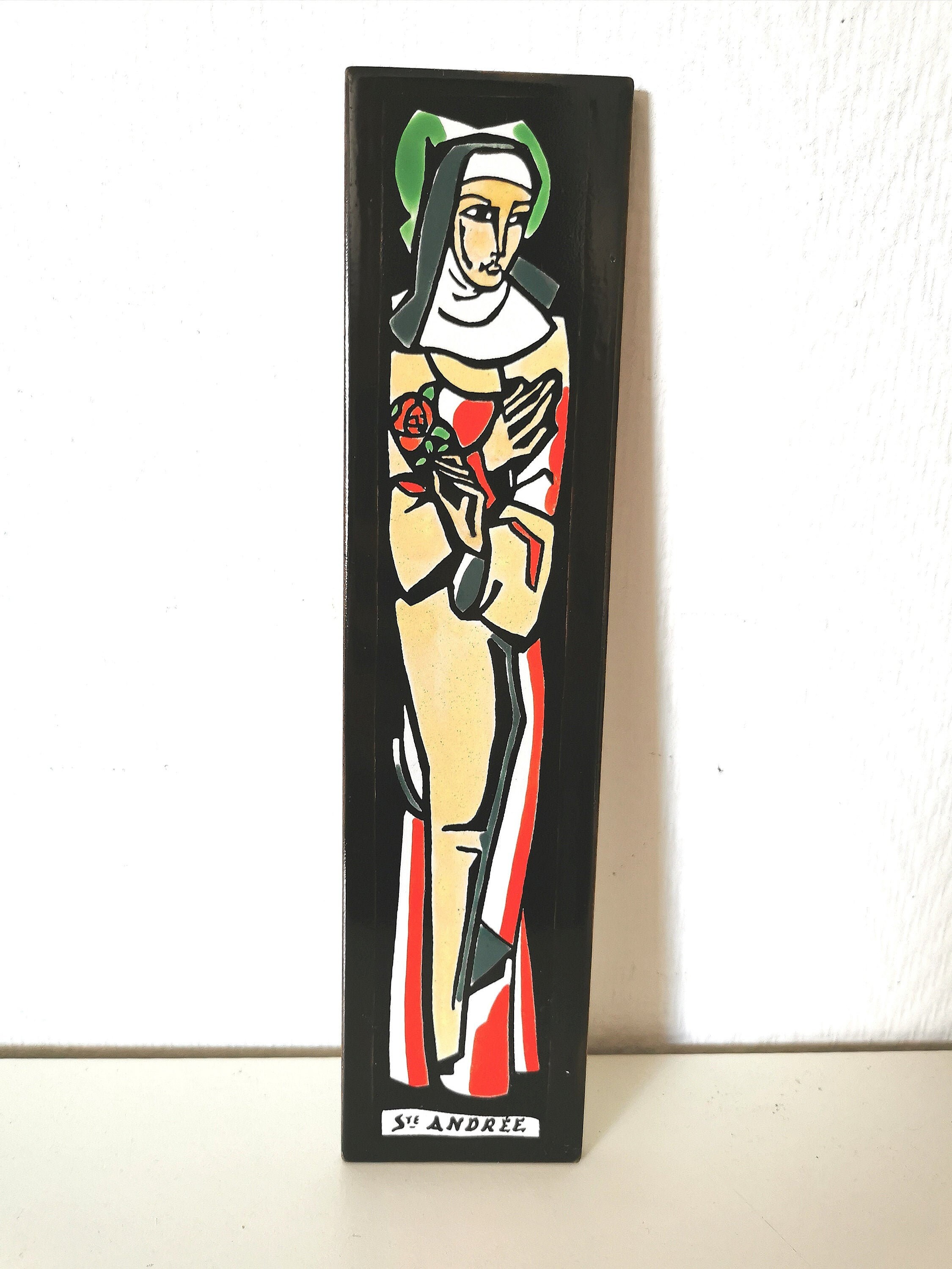 Plaque Prénoms /Andrée/ Saint /Église Catholique /Céramique /Émail/Vitrail/ Français Antique