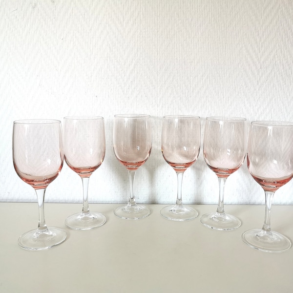 ensemble 6 verres à eau /vin/ballon/en verre rose/ cristal d'arc/années 80/français vintage