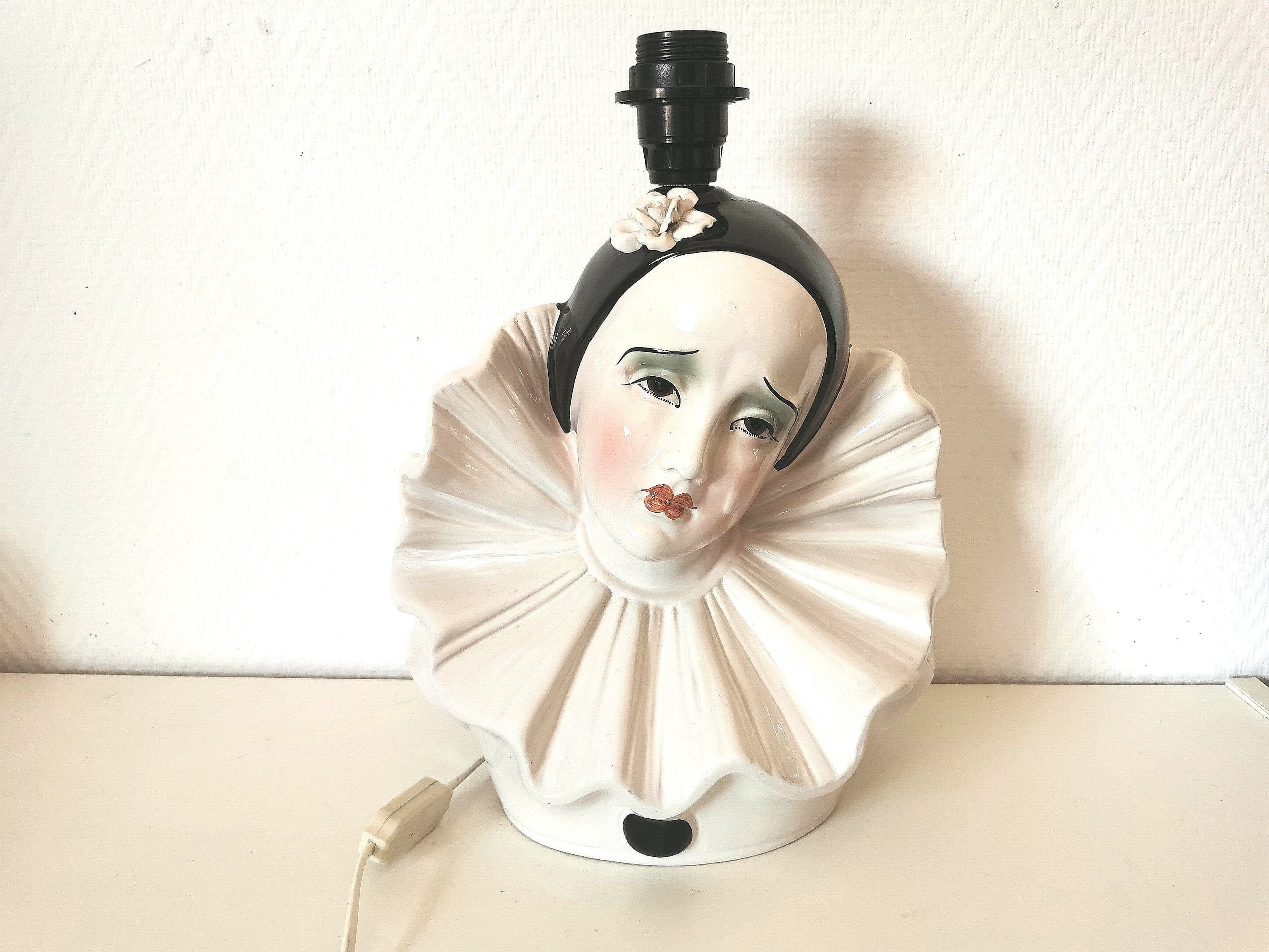 Lampe Pierrot/Céramique Blanc et Noir Français Vintage/ Années 70