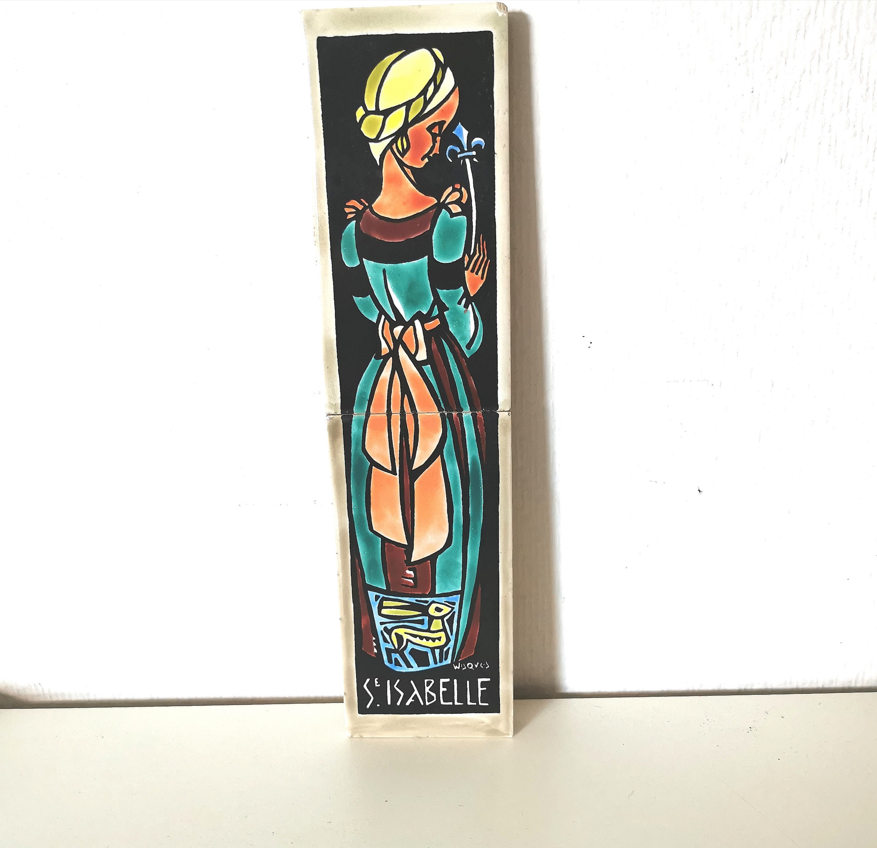 Plaque Prénoms /Isabelle/ Saint /Église Catholique /Céramique /Émail/Vitrail/ Français Antique