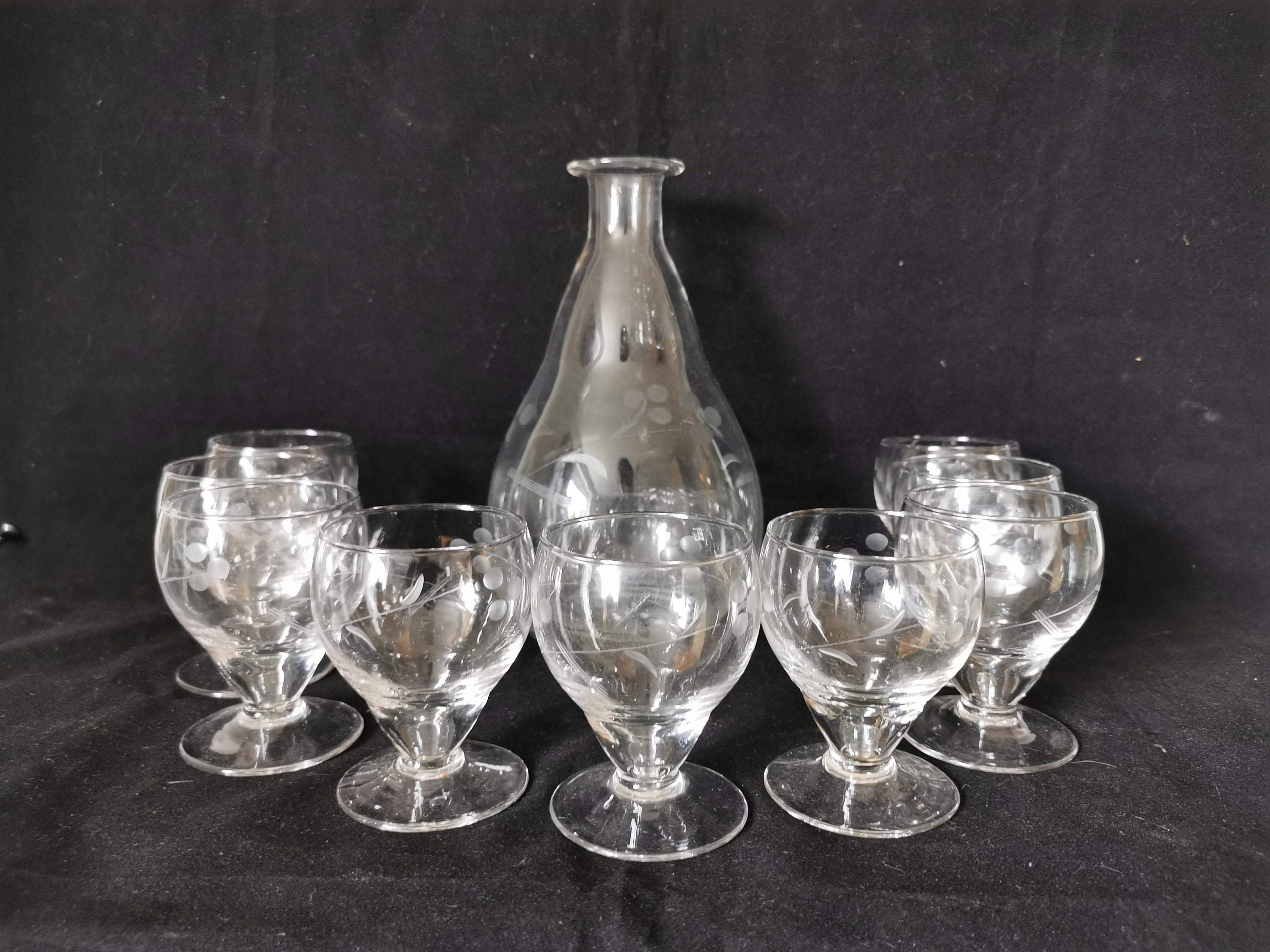 Ensemble Flacon/ Carafe/Verre Gravé /Verre à Vin/ Transparent Motifs Géométriques Français Vintage