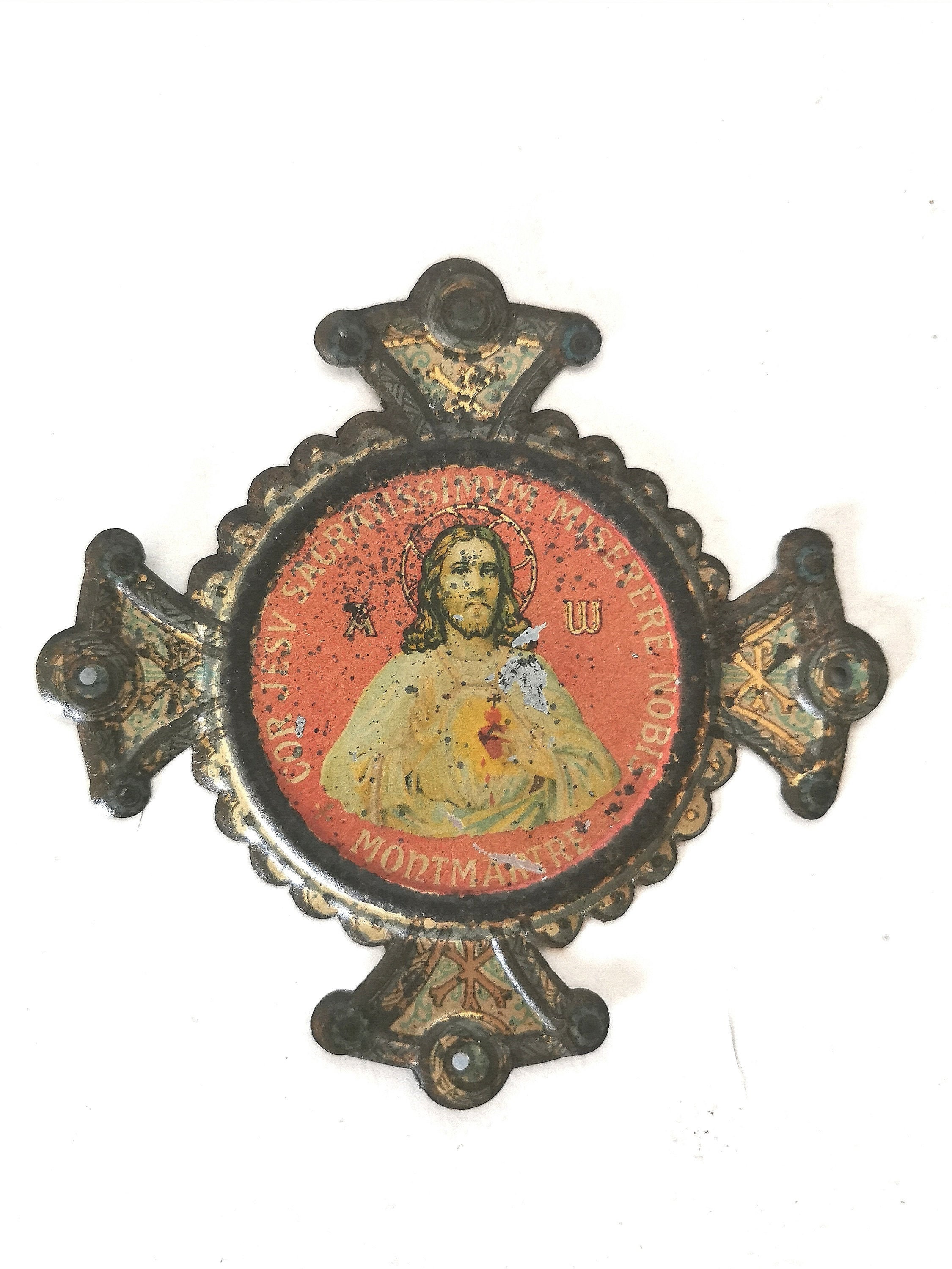 Jesus Christ/Ex Voto/Icône /Plaque de Métal Peint /Église Catholique Français Antique