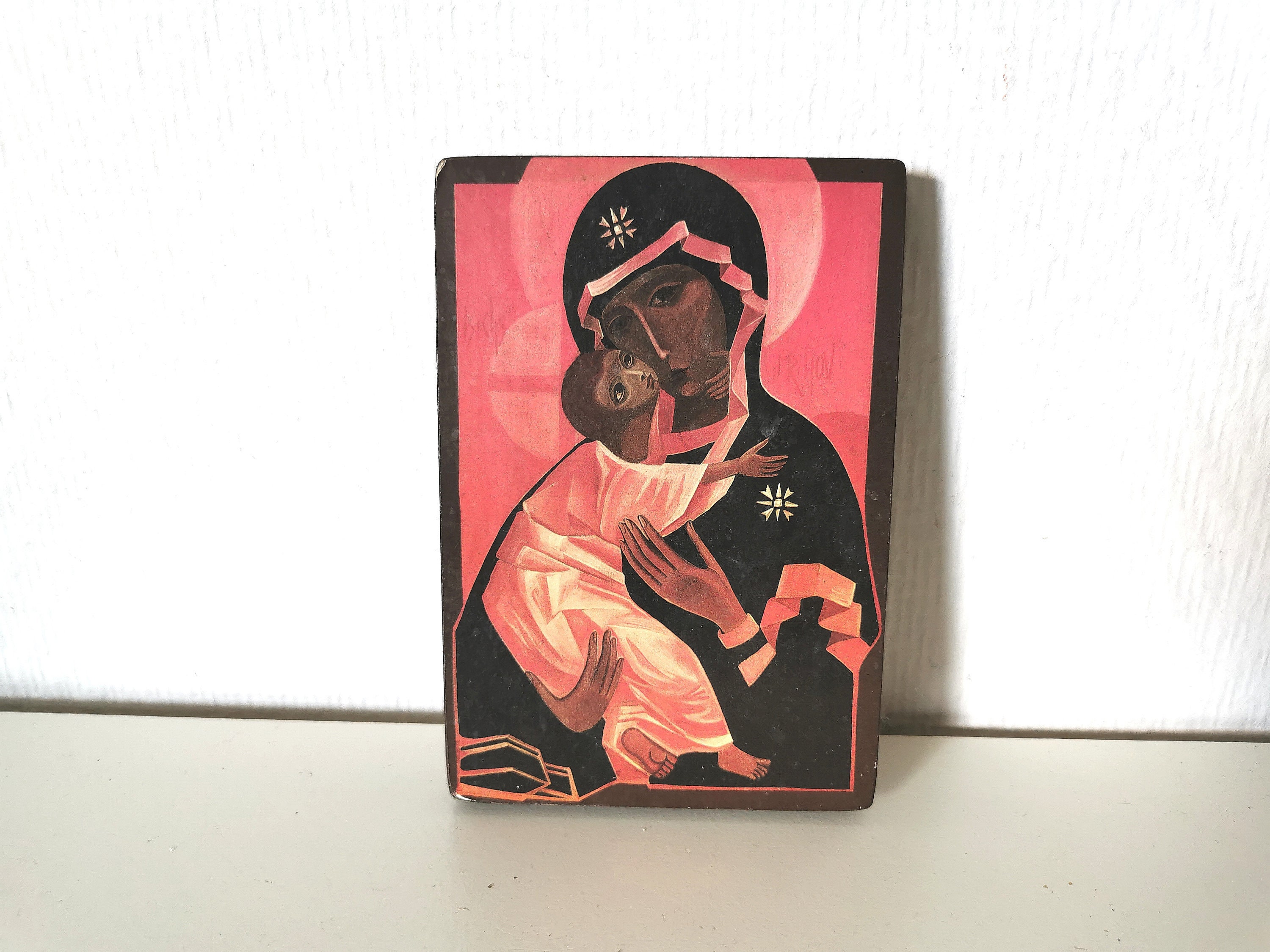 Ancienne Icône Religieuse/Marie et Jesus Christ/ Vierge Marie /Église Catholique/Français Antique