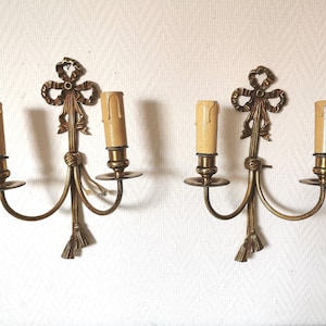 Pair of applique/style louis 16/knot/pompom/golden metal/bronze/brass/candlestick/classic style/French vintage