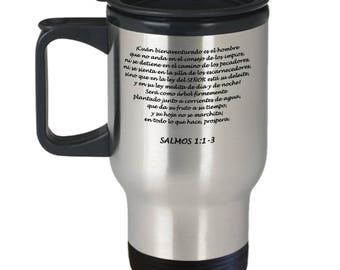 Spanish Bible Verse Travel Mug Salmos 1:1-3 Psalms Spiritual Christian Coffee Cup