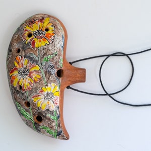 Ceramic ocarina The last flowers of summer. Clay flute with pleasant sound and unique hand-painted ON glaze paints