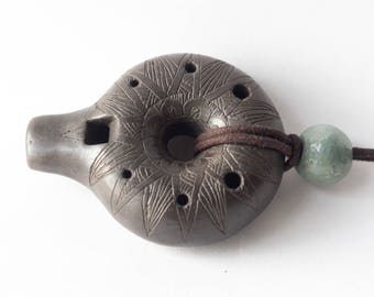 Ceramic Ocarina Black Donut. Woodwind Instrument with engraved star. Bagel Necklace black ceramic gift. Woodwind ceramic flute donut pendant