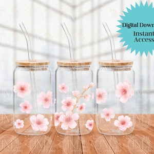 Flor de cerejeira, Libbey pode embrulhar, lata de 16 onças, copo floral rosa, PNG para impressão, design de sublimação