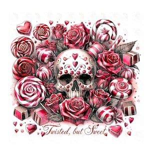 May include: A watercolor illustration featuring a skull decorated with hearts and floral accents, surrounded by red roses, candies, and heart-shaped sweets. The text "Twisted, but Sweet" is written in a cursive font.