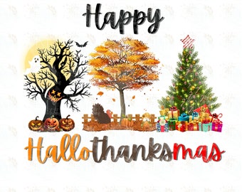 Könnte beinhalten: Eine digitale Illustration eines Halloween-Baumes, eines Erntedankfest-Baumes und eines Weihnachtsbaumes mit dem Text "Happy Hallothanksmas".